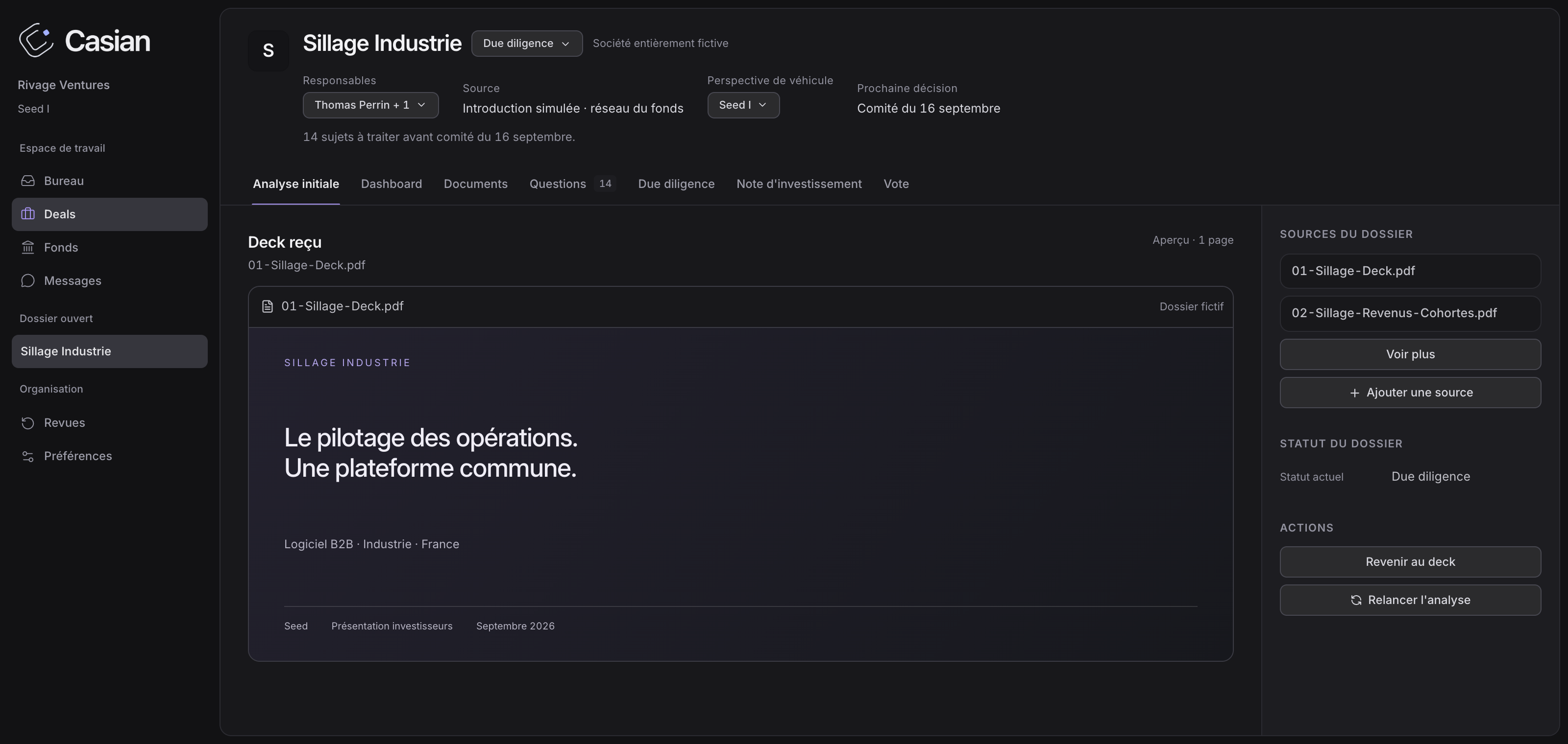 Casian investment workspace: navigation, a complete deck preview, and deal documents