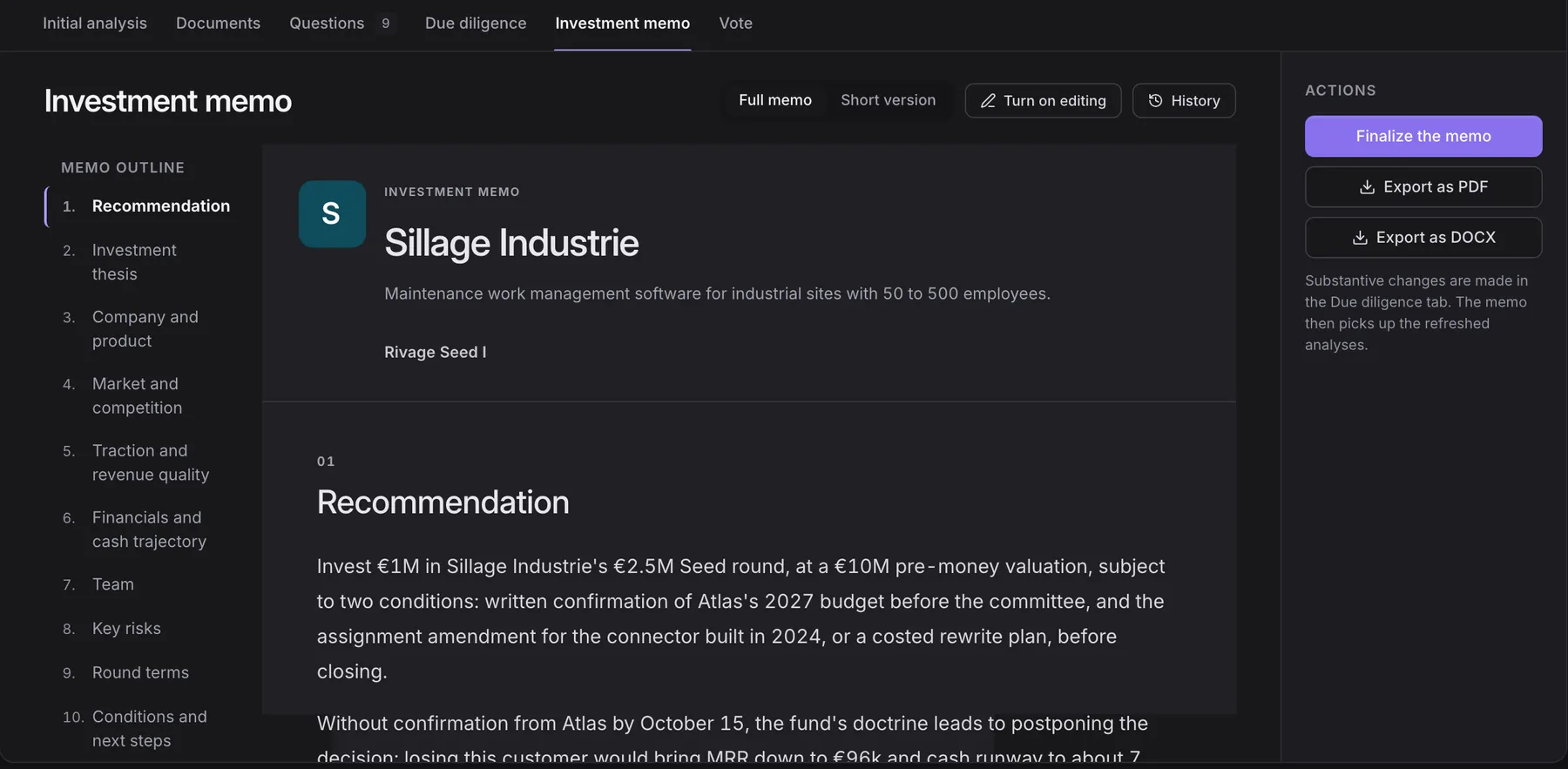 Casian Investment memo tab on the fictional Sillage Industrie deal: memo outline, recommendation and PDF or DOCX export.