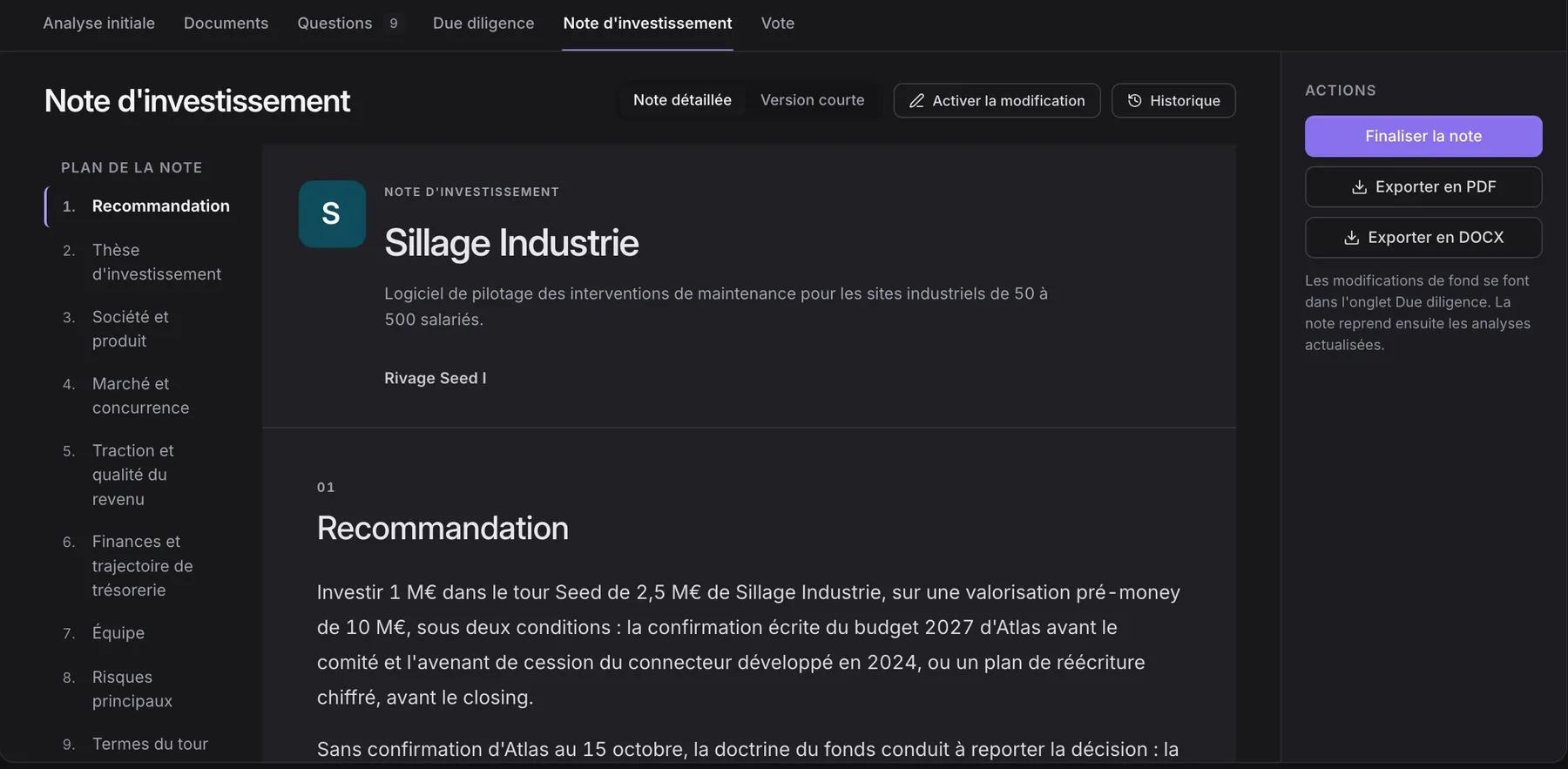 Onglet Note d’investissement de Casian sur le dossier fictif Sillage Industrie : plan de la note, recommandation et export en PDF ou DOCX.